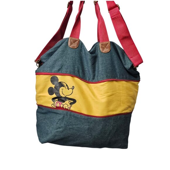 Disney Vintage 90's Expandable Duffle Cotton Denim Leather Weekend Bag & Hat - Picture 2 of 15